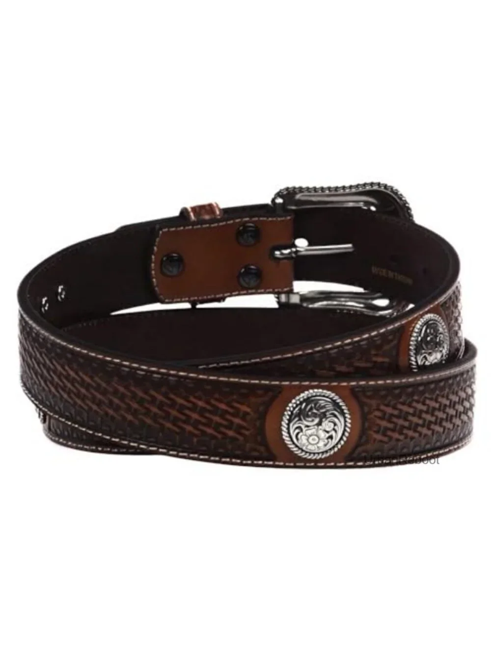 Western Leather Belt with Removable Silver Buckle and Floral Conchos